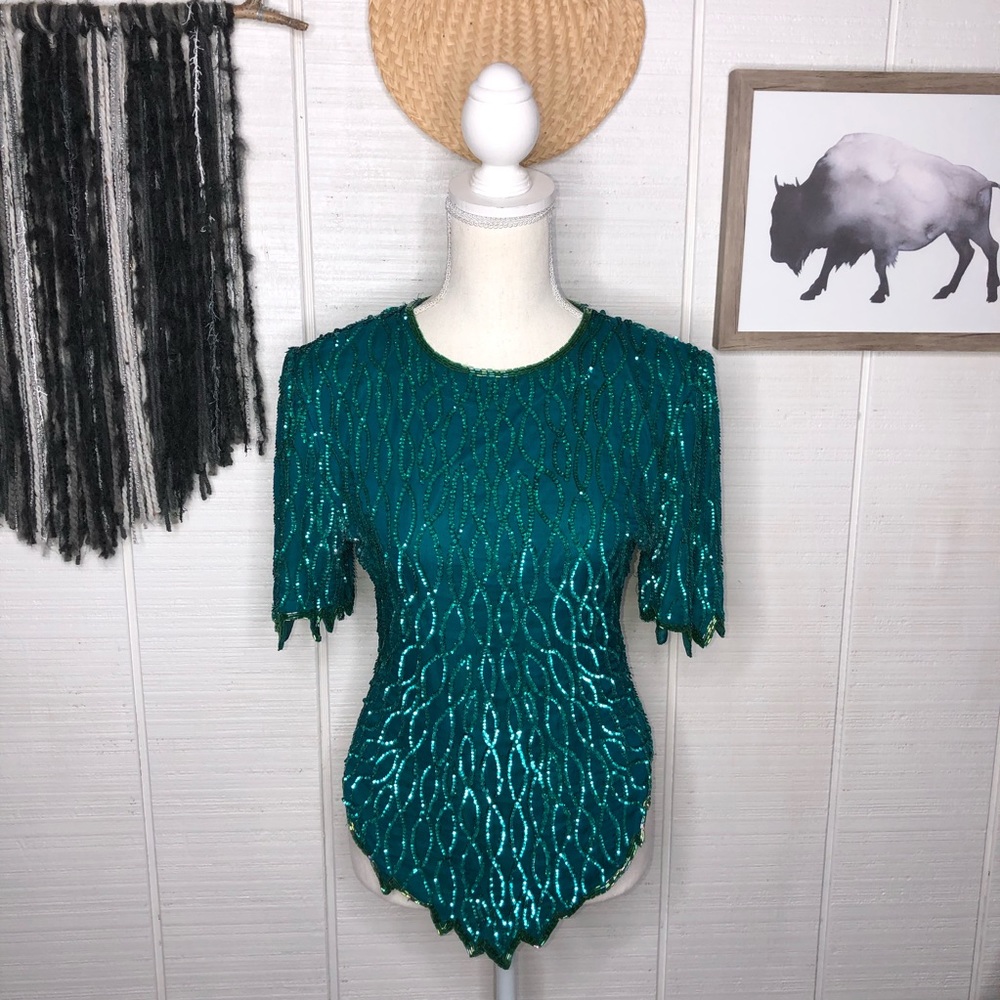 VINTAGE green and teal silk sequined top